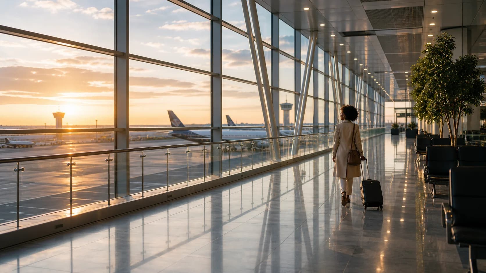 Traveller walking through an airport terminal at sunset.